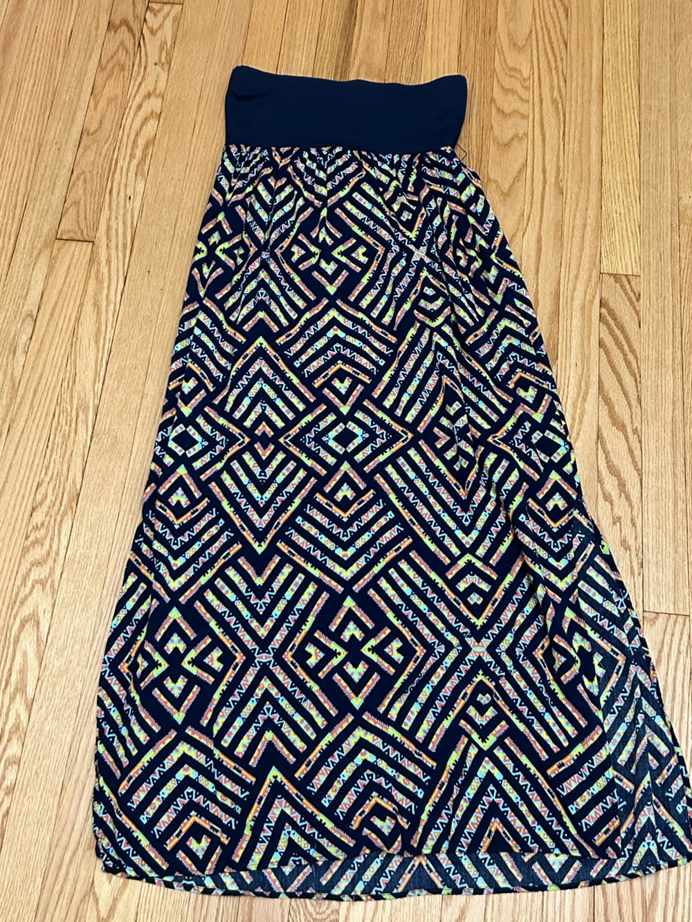Xhilaration Navy Strapless Maxi Dress with Multicolor Geometric Print